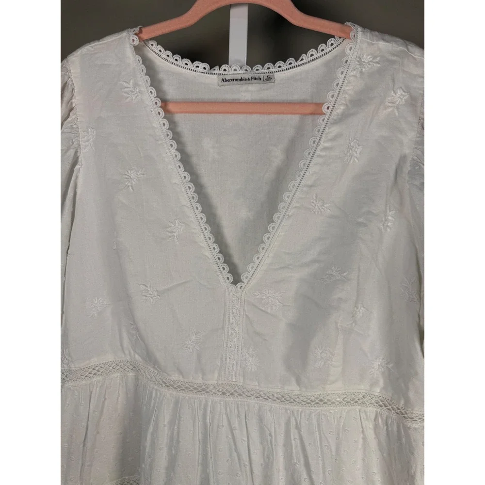 Abercrombie & Fitch White Embroidered Tiered Mini Dress Boho Cottagecore XL - Picture 4 of 11